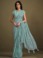 Elegant Light Aqua Blue Crepe Silk Sequins Readymade Saree